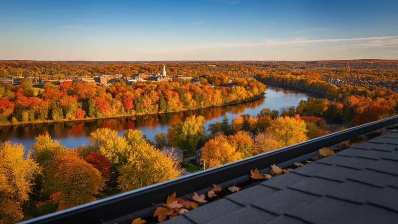 a view of Fredericton in fall with a leafy gutter