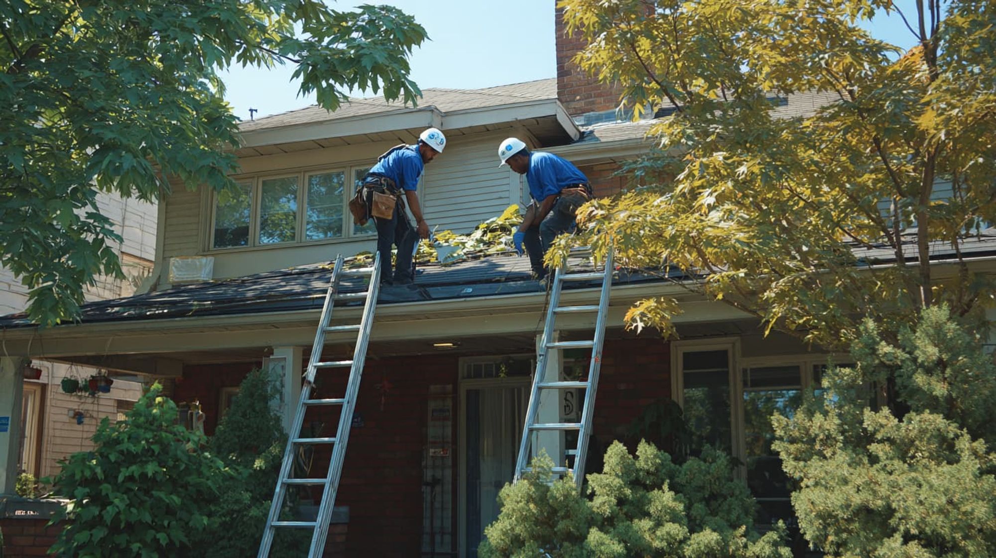 Business workers installing a gutter on a roof.