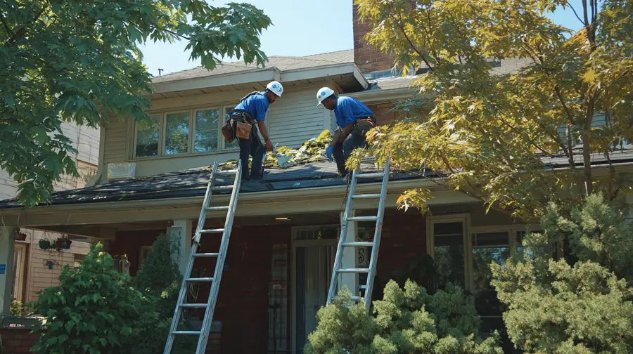 Simply Seamless crew installing eavestroughs on a residential home